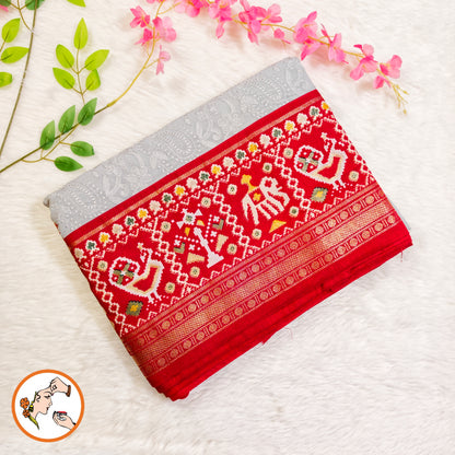 Grey with Red paithani border Lucknowi Chikankari Embroidery Pure Chiffon Partywear Saree
