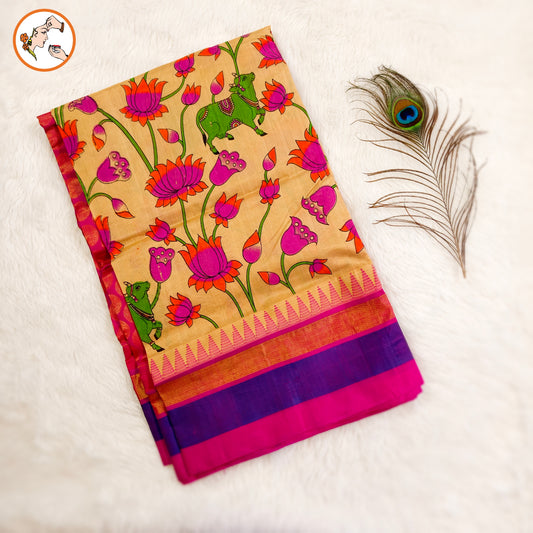 Beige with Rani Pink Pure Silk Cotton Saree with beautiful Kalamkari print