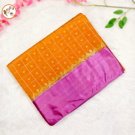 Golden Yellow Traditional checks Fancy Soft Silk Saree with Soft Pink Satin border