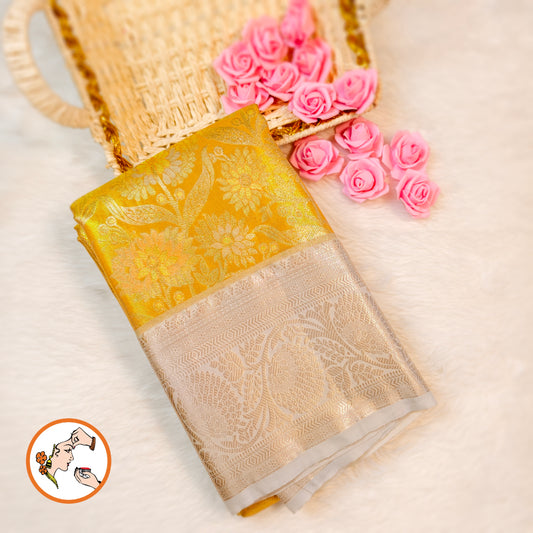 Golden with Silver border Kanchipuram Tissue Silk Saree