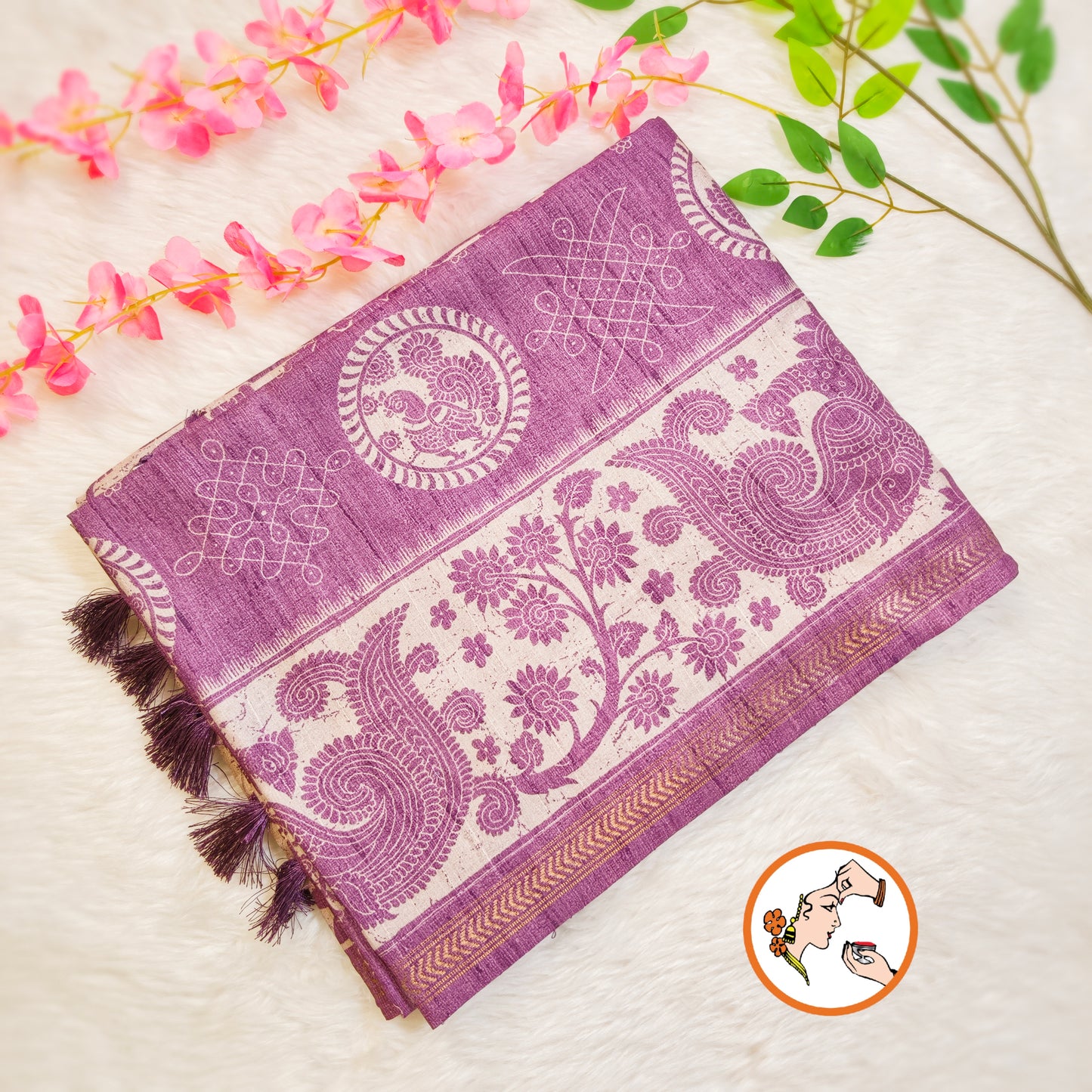 Purple Kalamkari Tussar Silk Saree with Kolam & Elephant Peacock butta