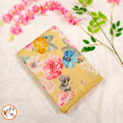 Yellow brush paint Floral Tussar Saree Vivahasilks
