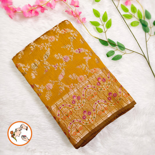 Golden Yellow Meenakari weaving Banarasi Crush Saree
