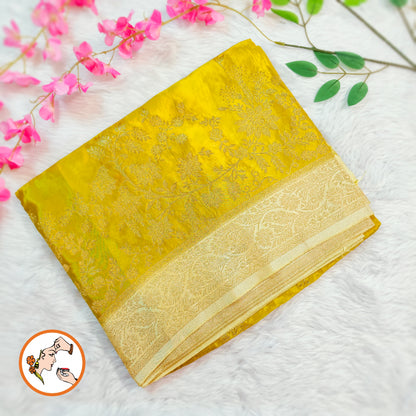 Lime Green / Olive Green Banarasi katan Russian Silk Saree with intricate Gold zari work