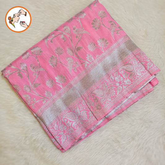 Light Pink Silver zari Banarasi Soft Silk Saree