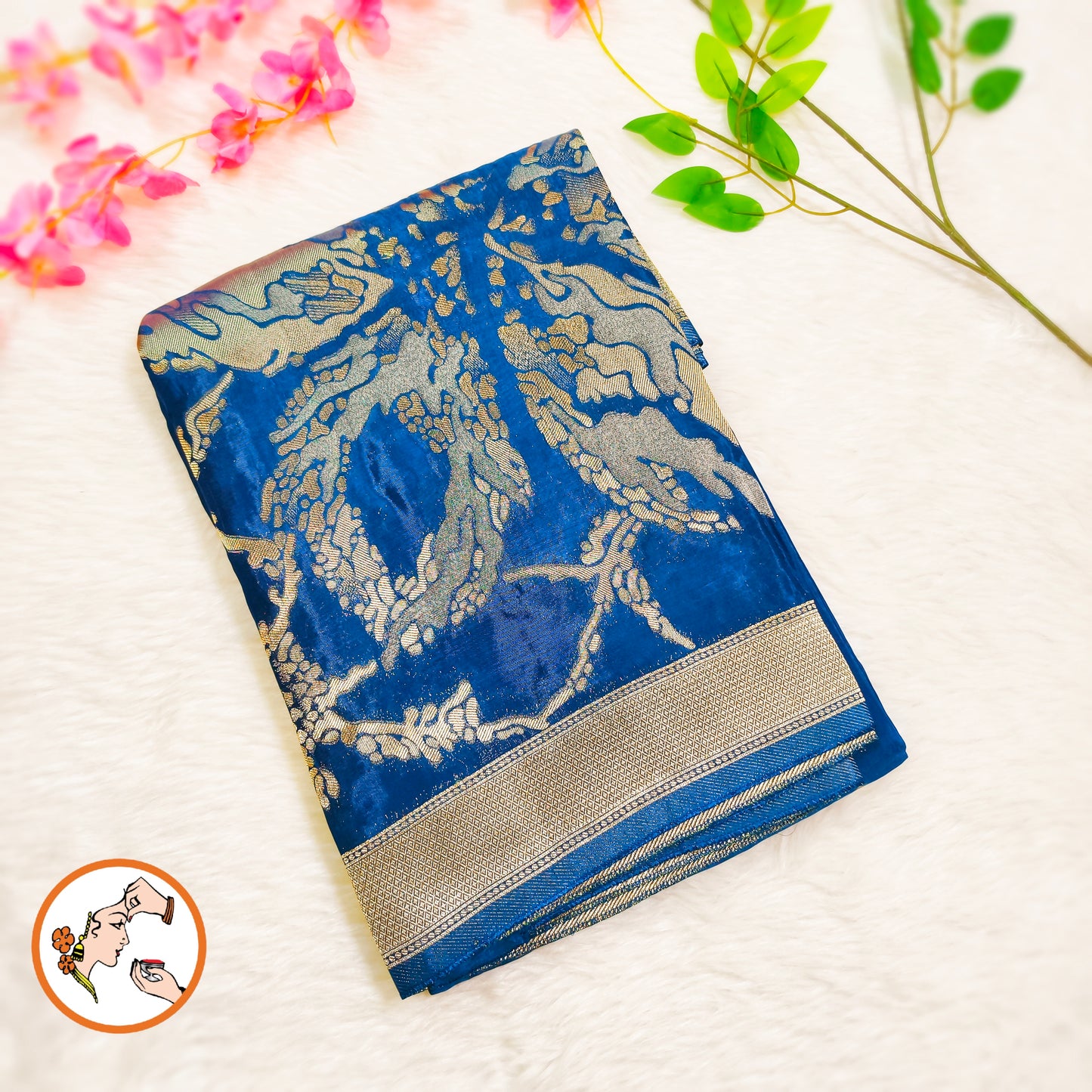 Peacock blue colour Antique Rich Gold zari work Pure Banarasi Russian Satin Silk Fancy Saree
