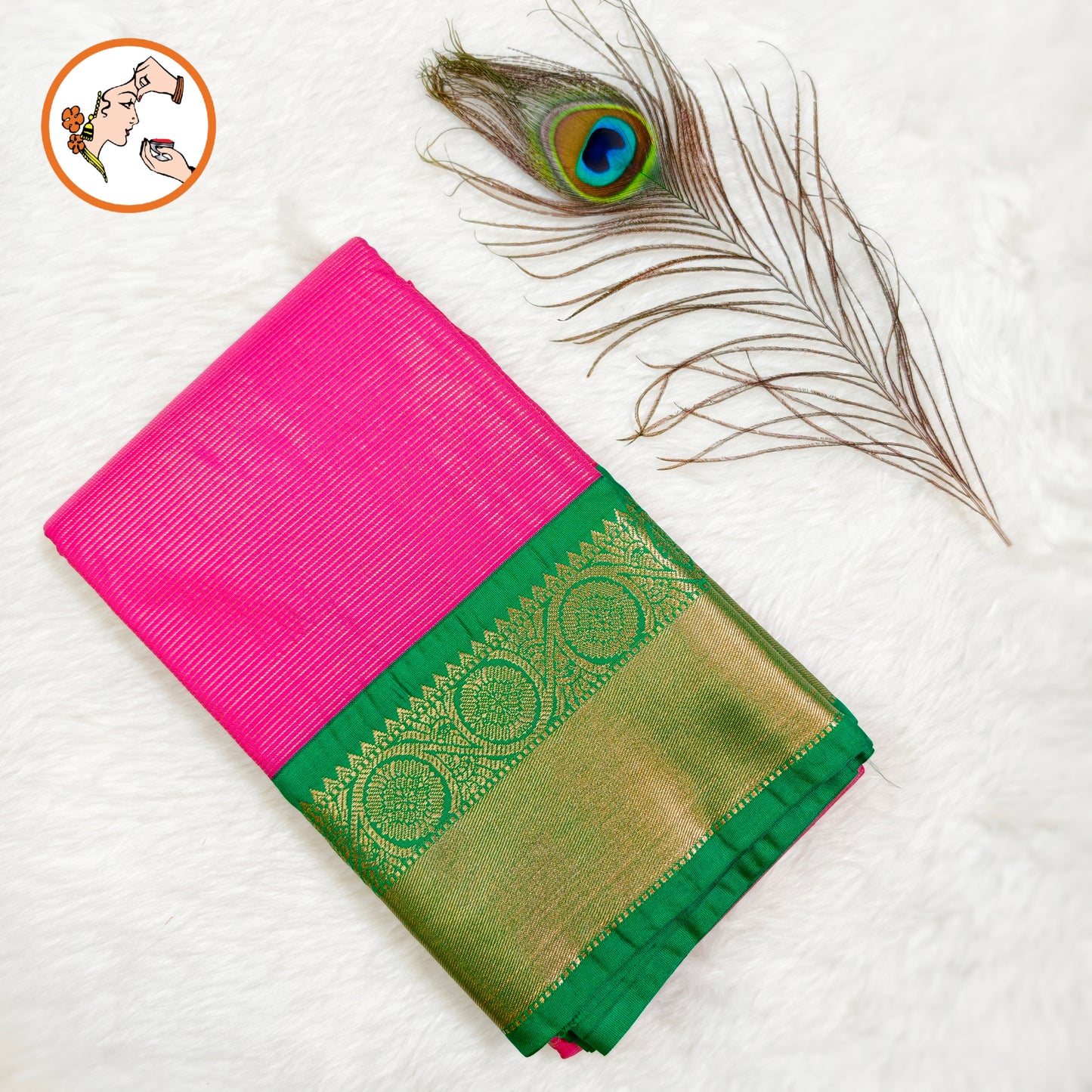 Pink with Green border Vairoosi stripes Kanchipuram Semi Silk Saree