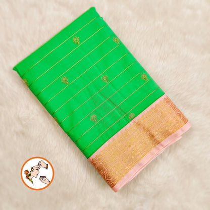 Emerald Green with Baby Pink border Golden zari Horizontal stripes Kanchipuram Semi Silk Saree