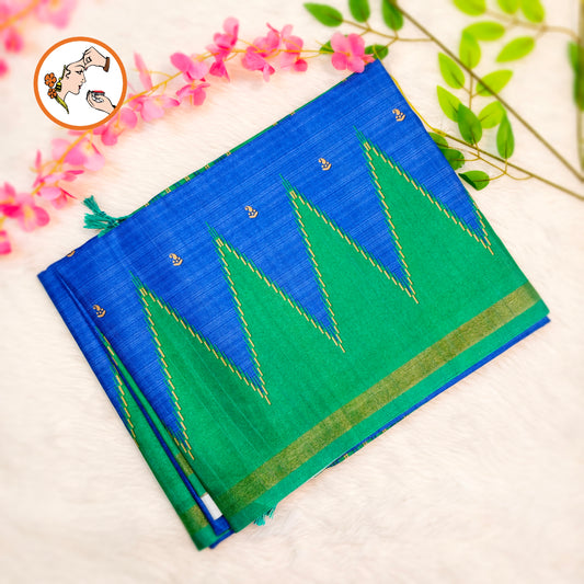 Royal Blue with Green temple border Dola Silk Casual Saree
