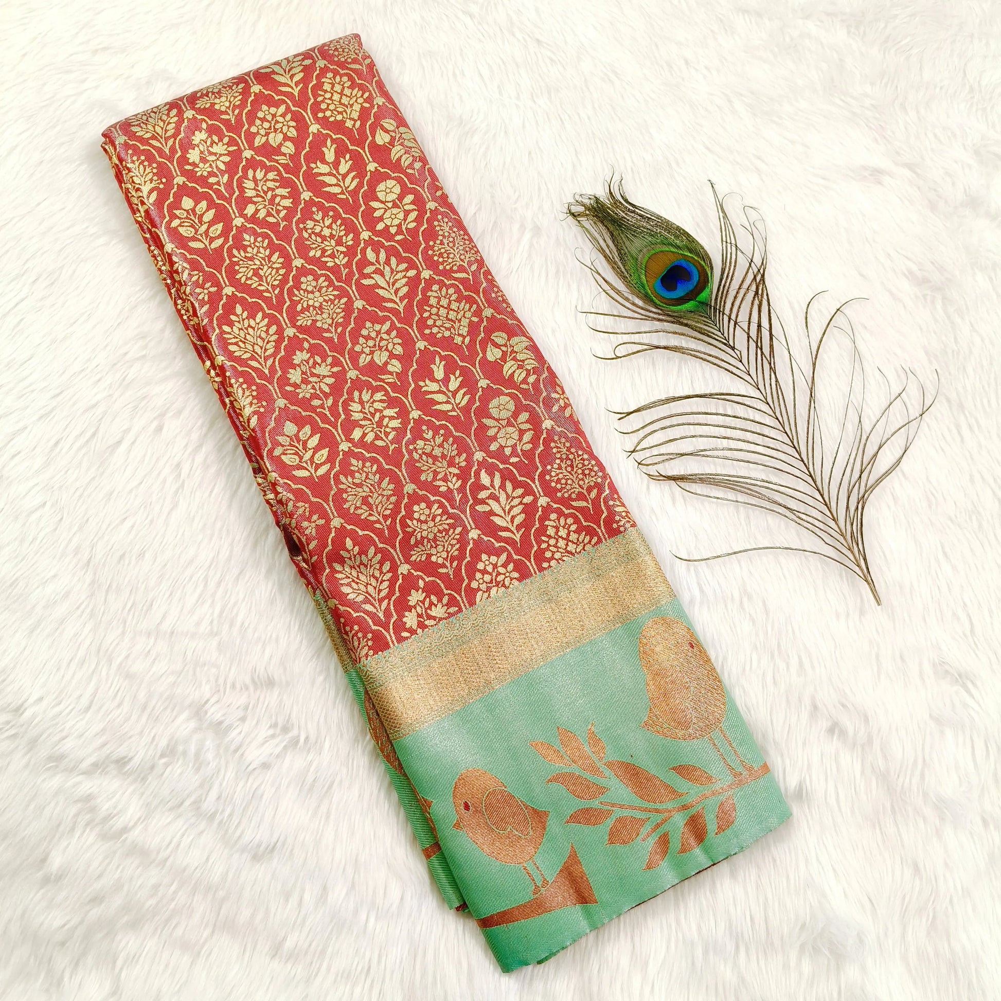 Marron with Sea Green Fancy Border High Tissue Silk Saree Vivahasilks