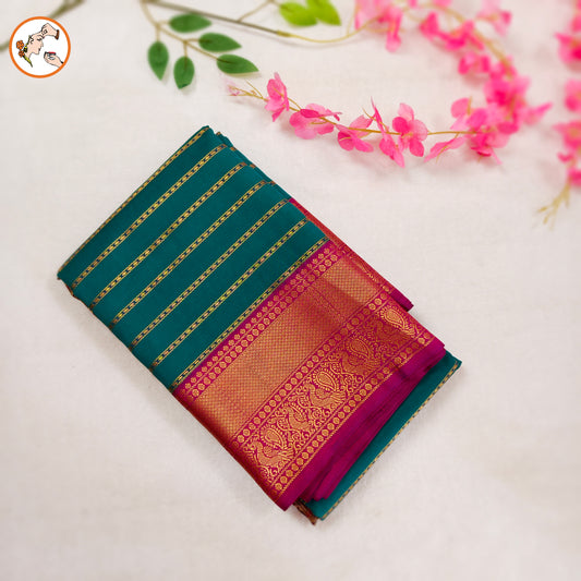 Peacock Green Kanchipuram Mix Silk Saree with horizontal stripes in body & purple peacock border