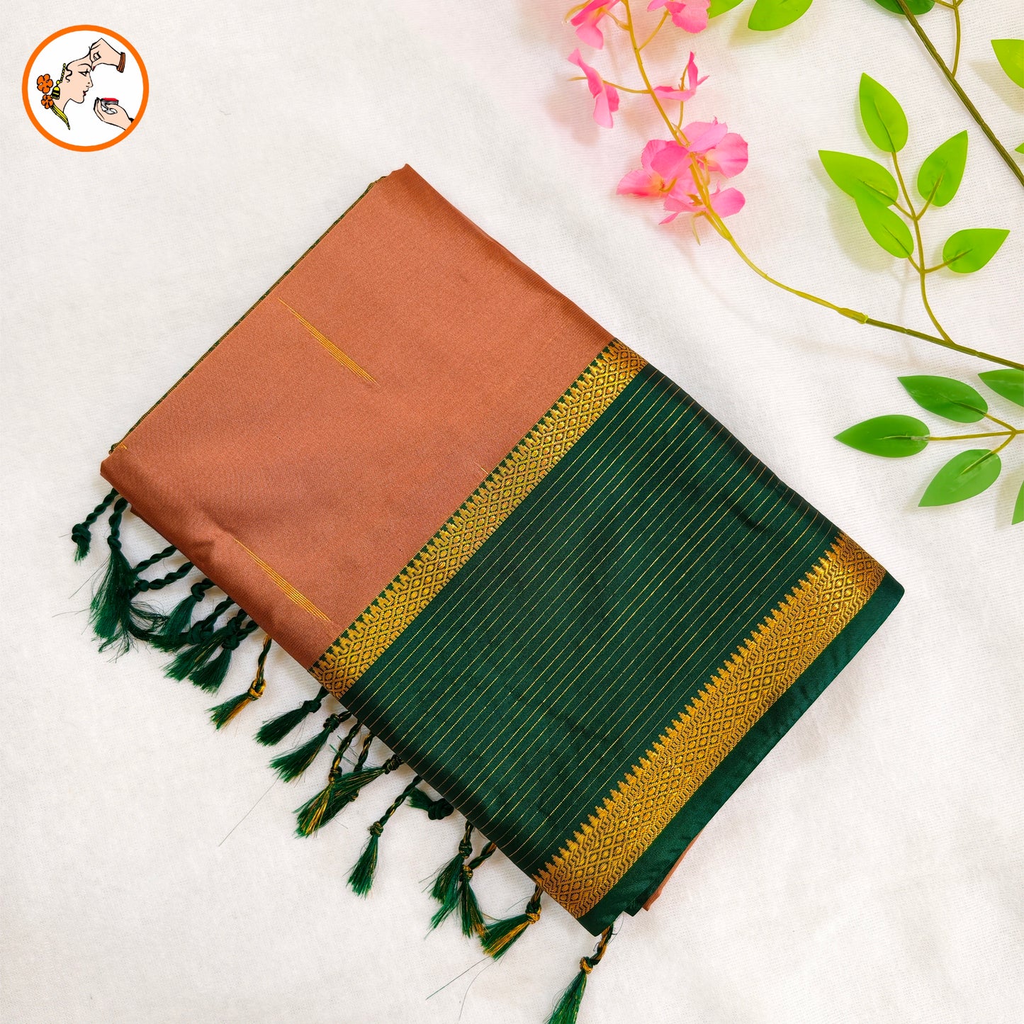 Copper Brown with Dark Green Vairoosi border Soft Silk Saree