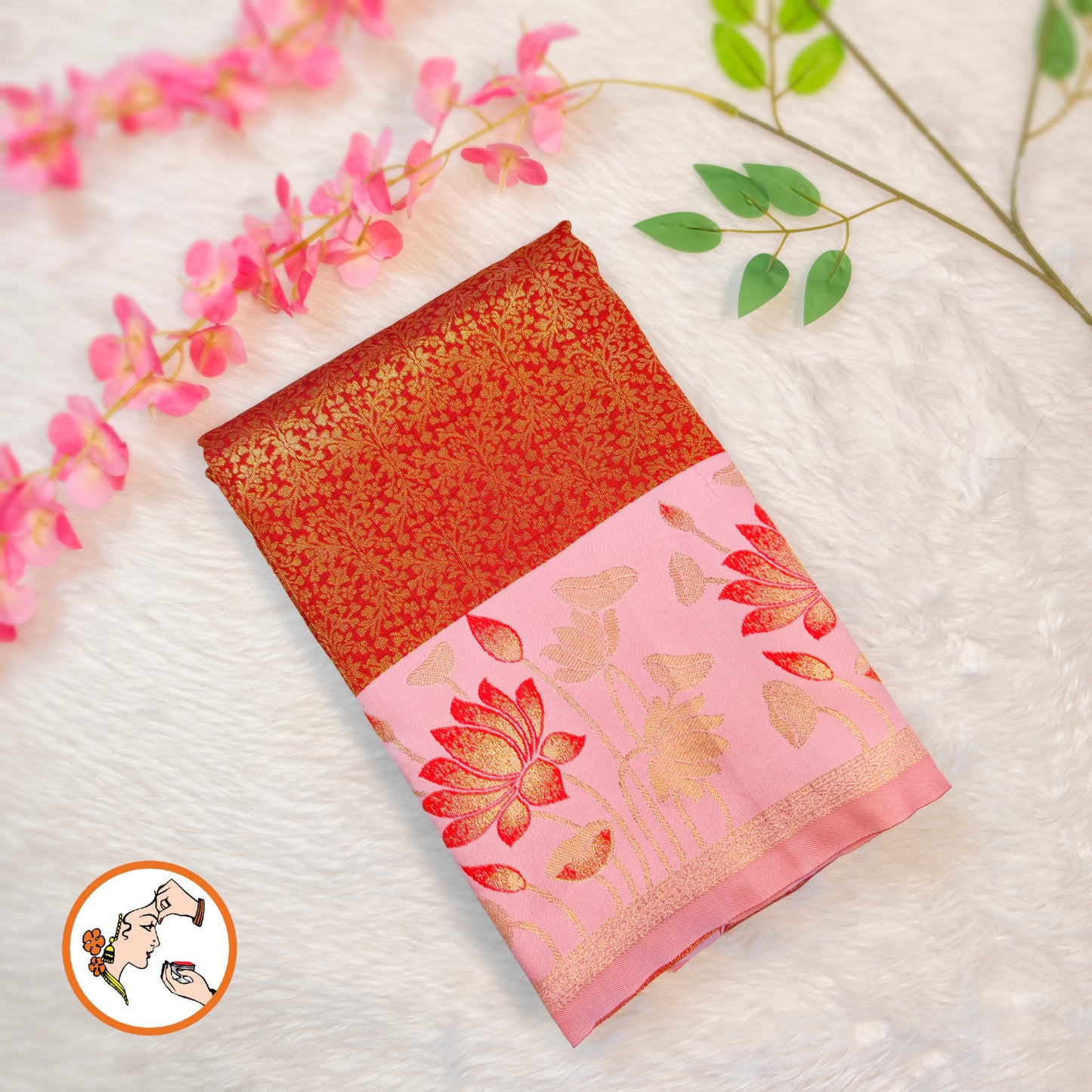 Red with Pink Lotus border Fancy Semi Silk Saree