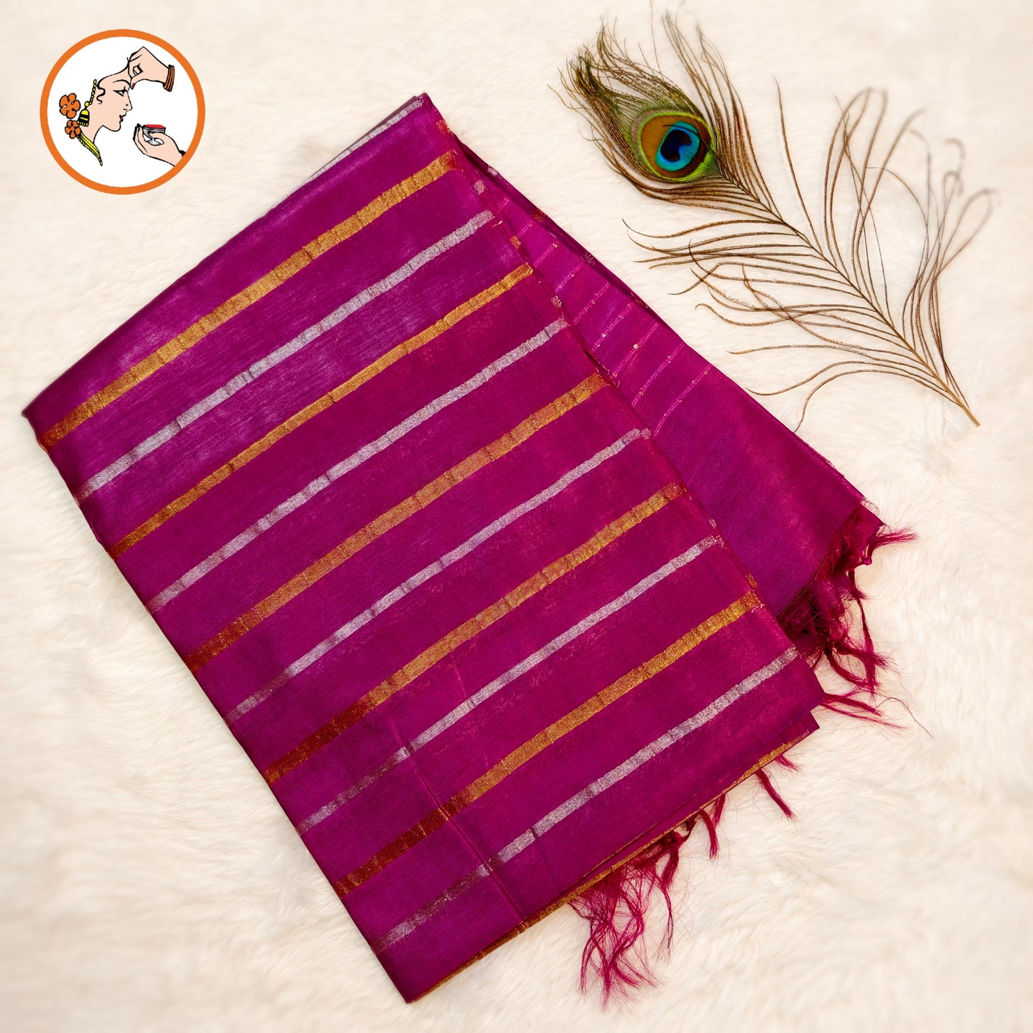 Wine Purple Vertical stripes Handloom Cotton Casual Saree
