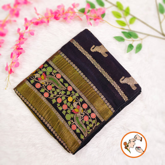 Black elephant motif Peacock Meenakari work Fancy Silk Saree