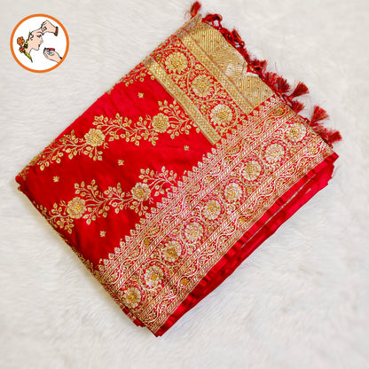 Red floral Jaal design Pure Banarasi Silk Partywear Saree