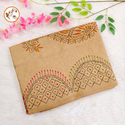 Beige colour Kantha embroidary Tussar Silk Saree