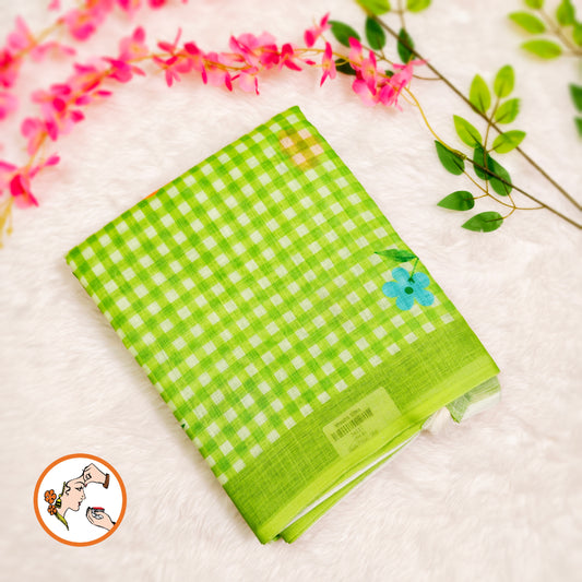 Parrot Green checks pattern Linen Cotton Casual Saree
