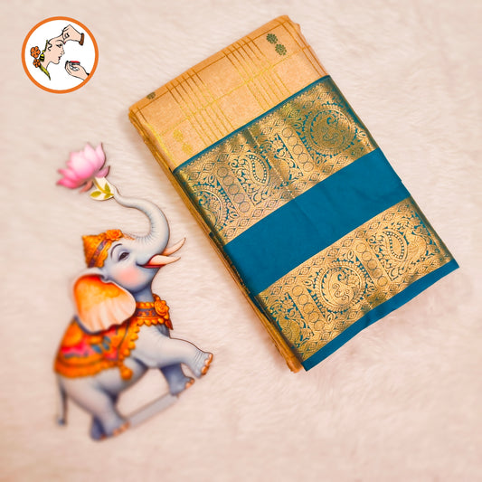 Off white with Peacock Blue border High Tissue Kanchipuram Semi Silk Saree