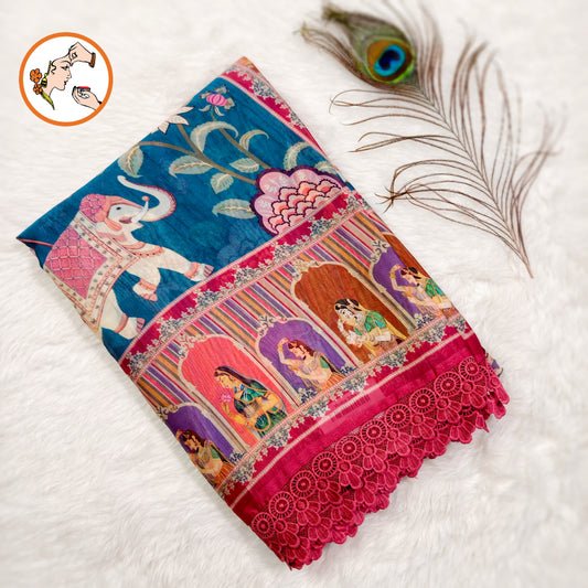 Peacock Blue Rajput painting motif Georgette Saree with lace border