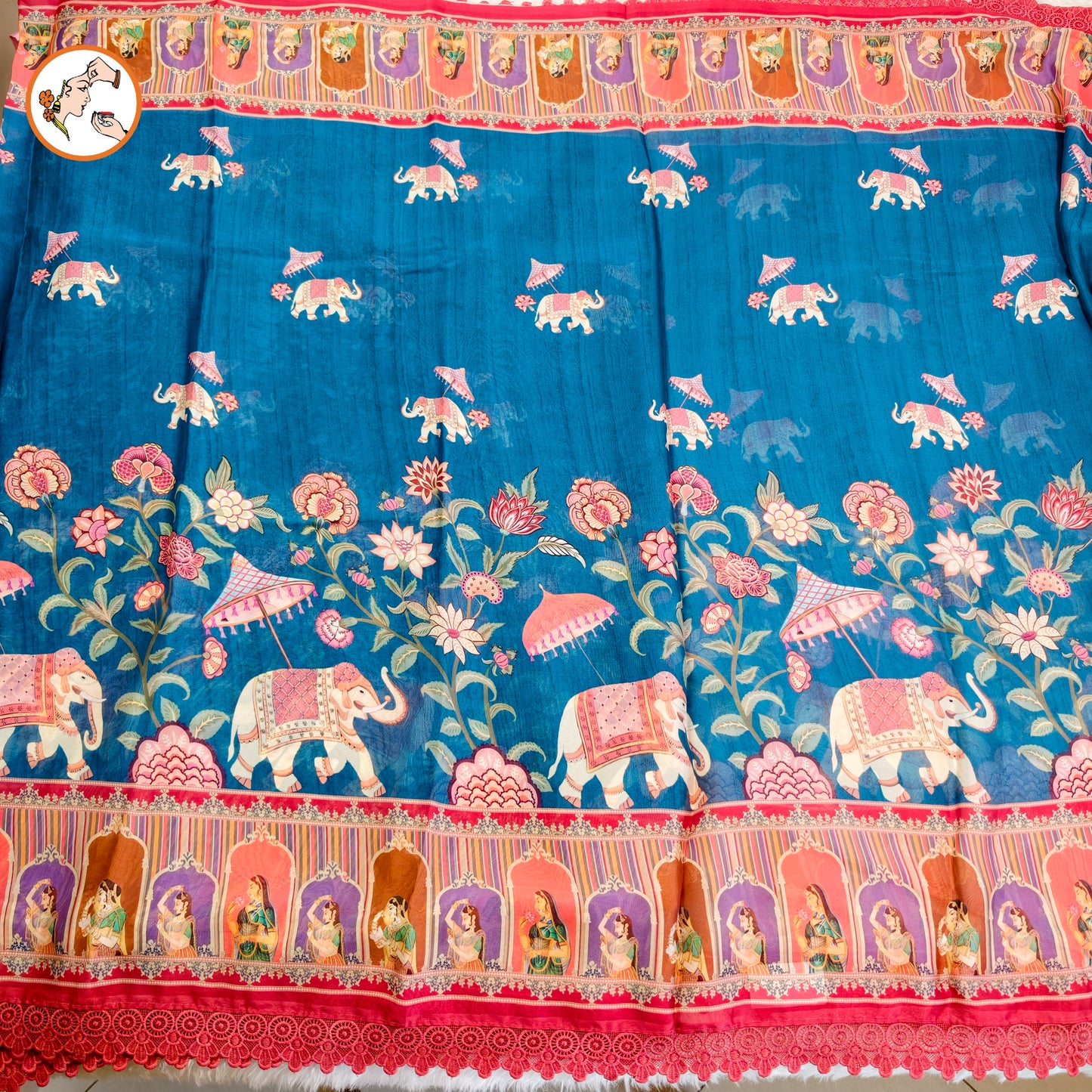 Peacock Blue Rajput painting motif Georgette Saree with lace border