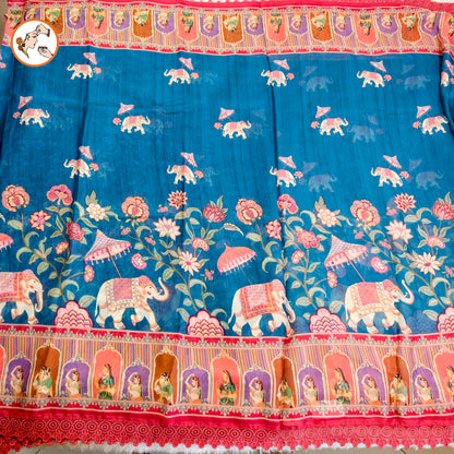 Peacock Blue Rajput painting motif Georgette Saree with lace border