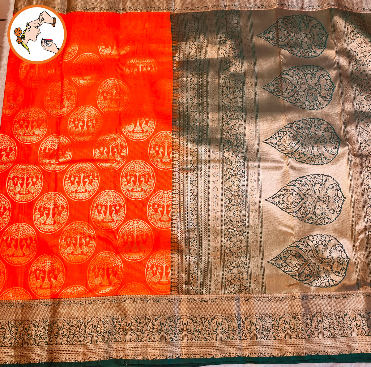 Rich Orange & Dark Green border with gold zari Peacock & floral motifs Traditional Kanchipuram Mix Silk Saree