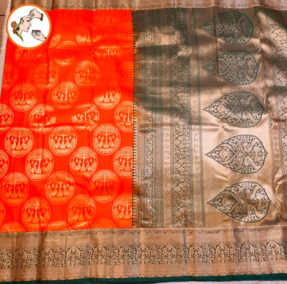 Rich Orange & Dark Green border with gold zari Peacock & floral motifs Traditional Kanchipuram Mix Silk Saree