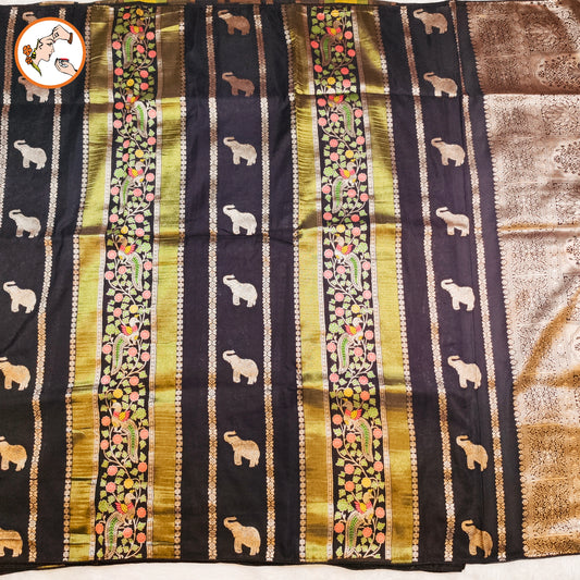 Black elephant motif Peacock Meenakari work Fancy Silk Saree