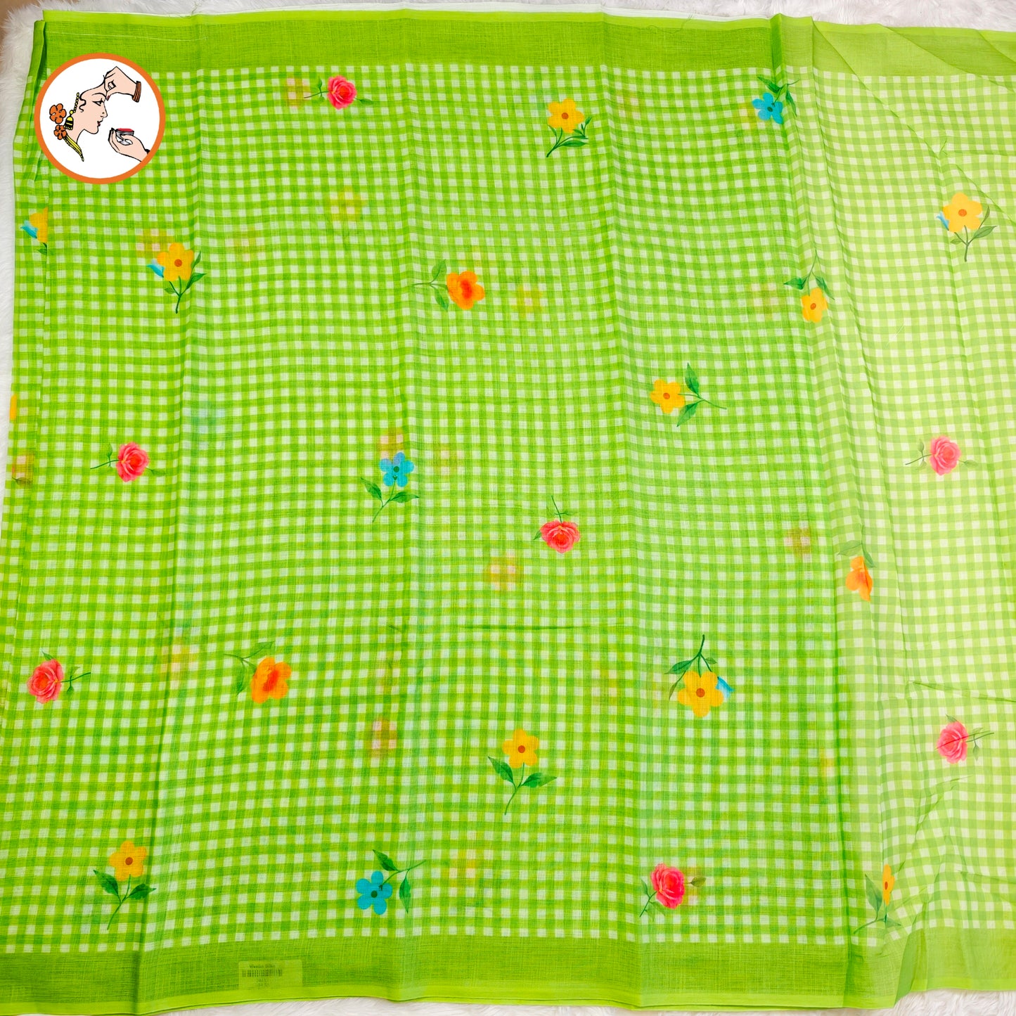 Parrot Green checks pattern Linen Cotton Casual Saree