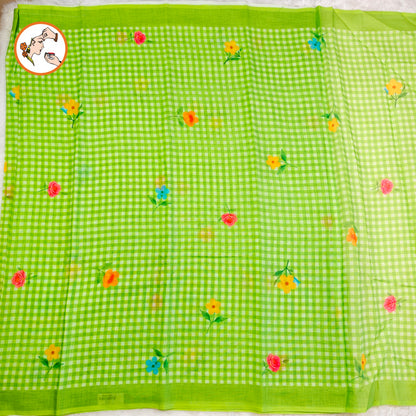 Parrot Green checks pattern Linen Cotton Casual Saree