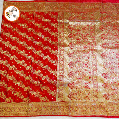 Red floral Jaal design Pure Banarasi Silk Partywear Saree