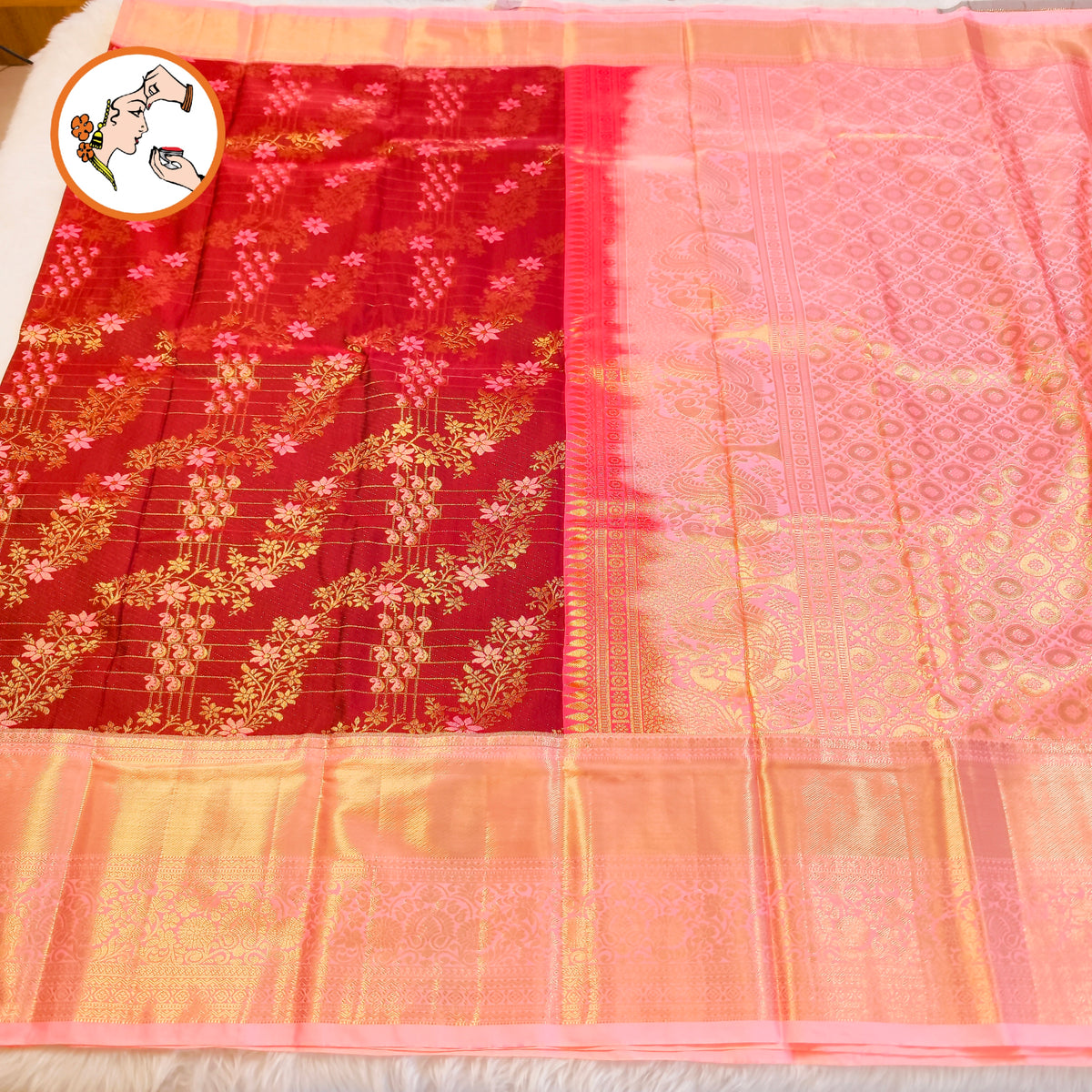 Maroon with Pink border Floral Gold zari weaving Kacnhipuram Mix Silk Saree