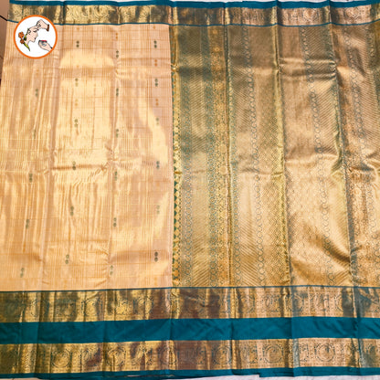 Off white with Peacock Blue border High Tissue Kanchipuram Semi Silk Saree
