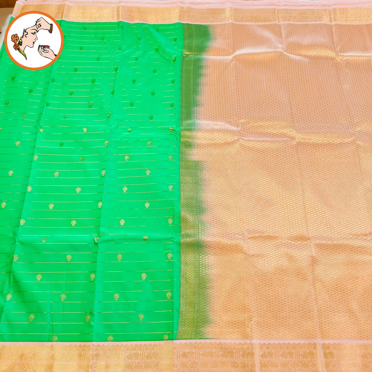 Emerald Green with Baby Pink border Golden zari Horizontal stripes Kanchipuram Semi Silk Saree