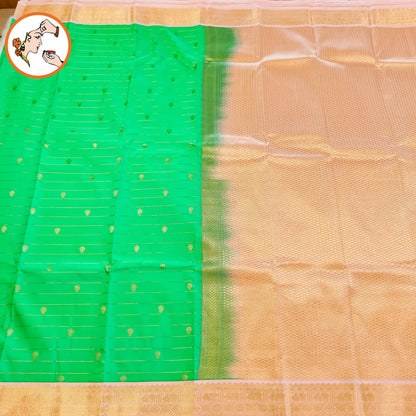 Emerald Green with Baby Pink border Golden zari Horizontal stripes Kanchipuram Semi Silk Saree