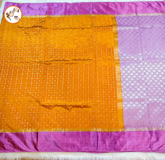 Golden Yellow Traditional checks Fancy Soft Silk Saree with Soft Pink Satin border