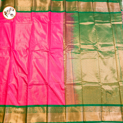 Pink with Green border Vairoosi stripes Kanchipuram Semi Silk Saree