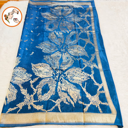 Peacock blue colour Antique Rich Gold zari work Pure Banarasi Russian Satin Silk Fancy Saree