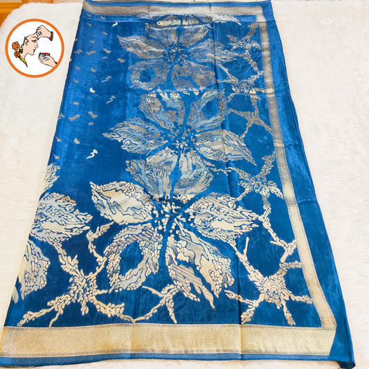 Peacock blue colour Antique Rich Gold zari work Pure Banarasi Russian Satin Silk Fancy Saree