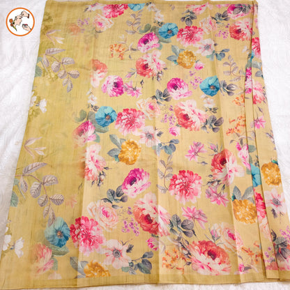 Yellow Brush Paint Floral Tussar Saree detailed floral design