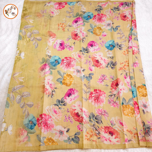 Yellow Brush Paint Floral Tussar Saree detailed floral design