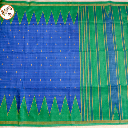 Royal Blue with Green temple border Dola Silk Casual Saree