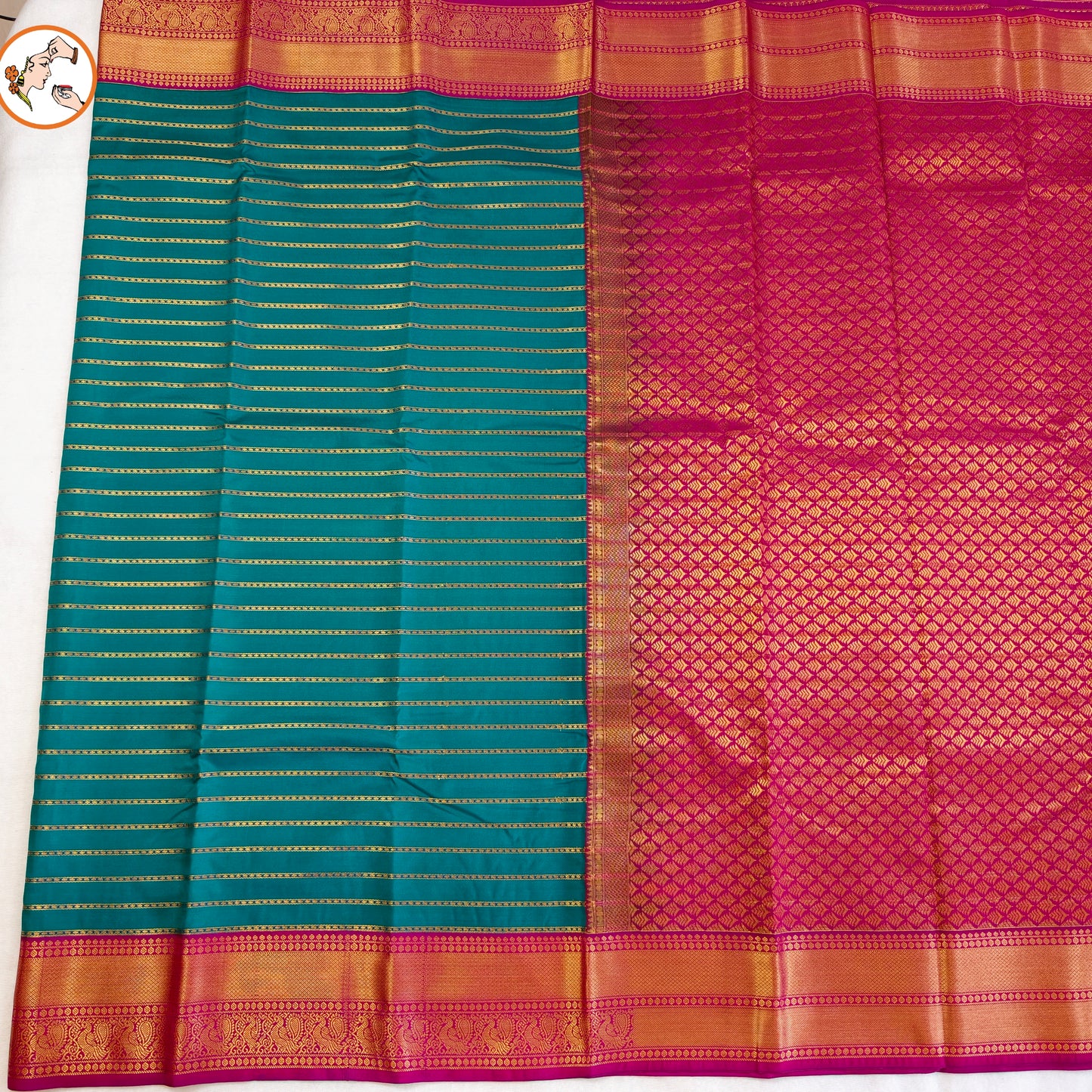 Peacock Green Kanchipuram Mix Silk Saree with horizontal stripes in body & purple peacock border