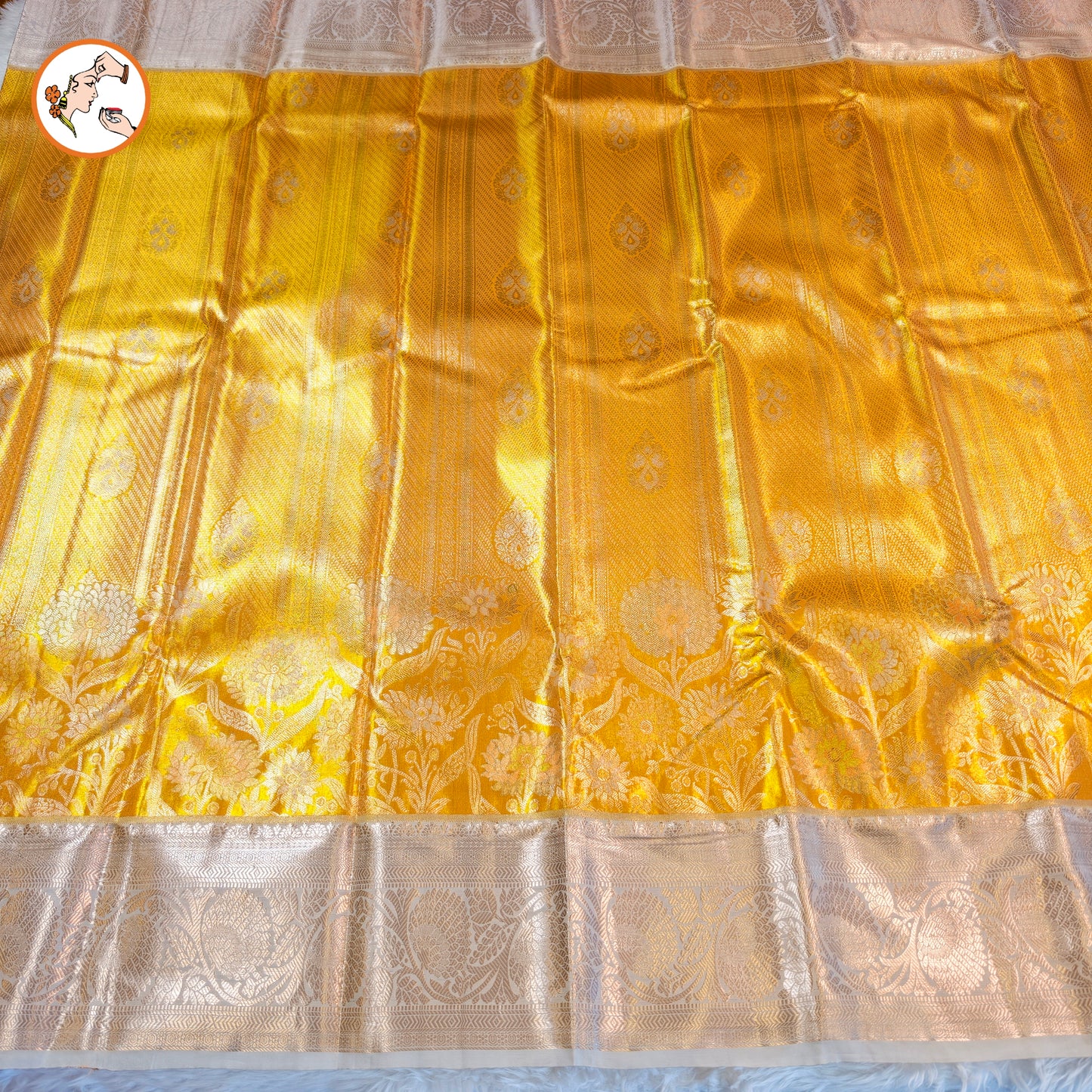 Golden with Silver border Kanchipuram Tissue Silk Saree