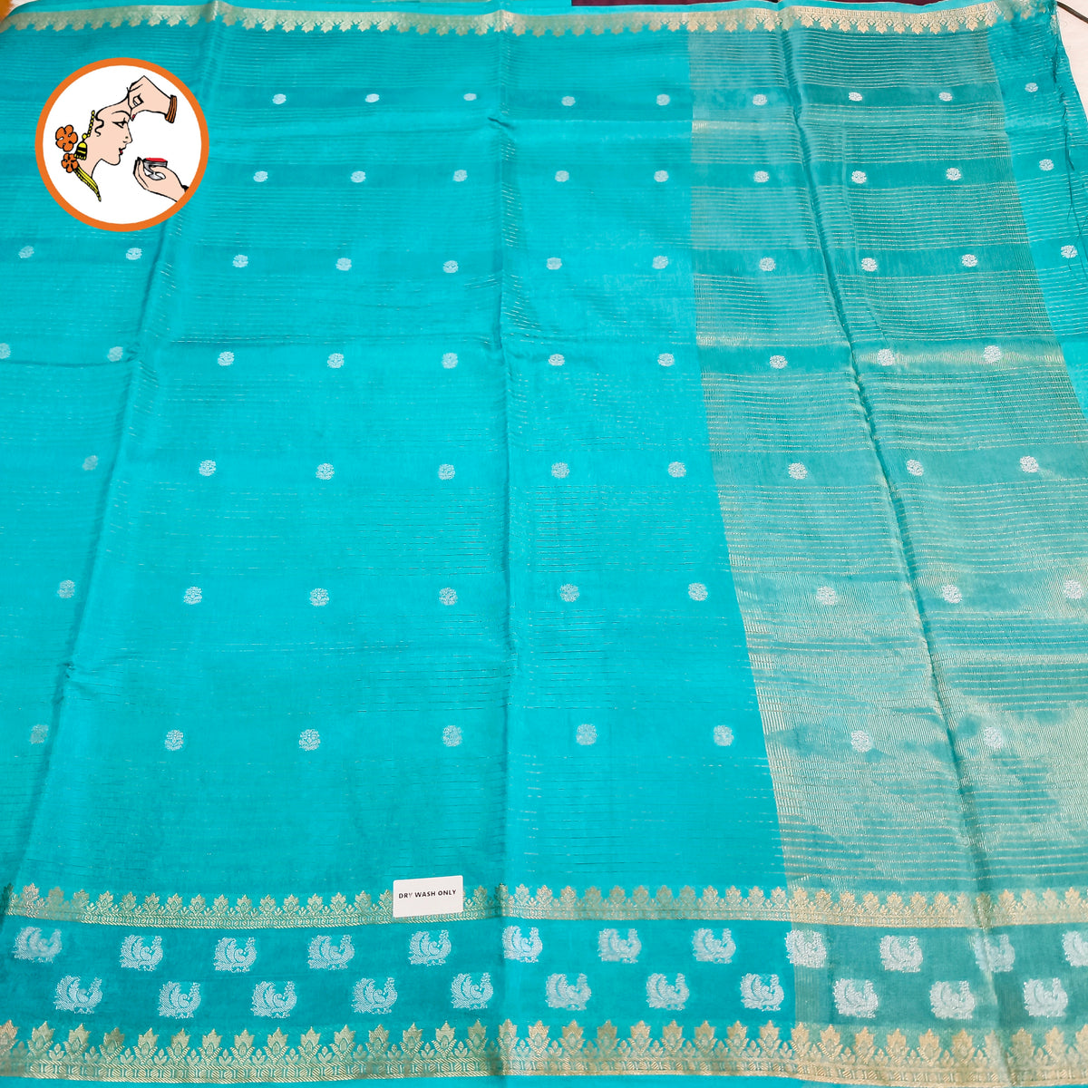 Sky Blue stripes body & peacock border Soft Viscose Fancy Silk Saree with Dark Brown Contrast blouse