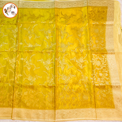 Lime Green / Olive Green Banarasi katan Russian Silk Saree with intricate Gold zari work