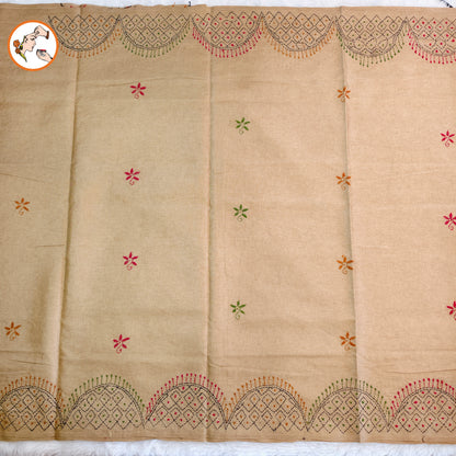 Beige colour Kantha embroidary Tussar Silk Saree