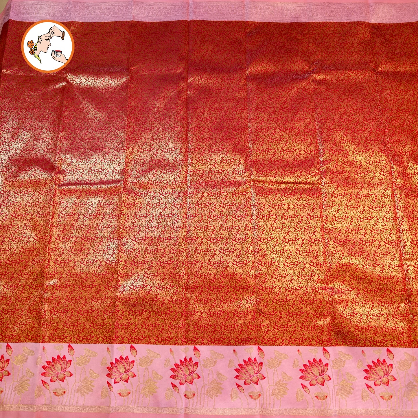 Red with Pink Lotus border Fancy Semi Silk Saree