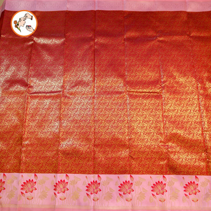 Red with Pink Lotus border Fancy Semi Silk Saree